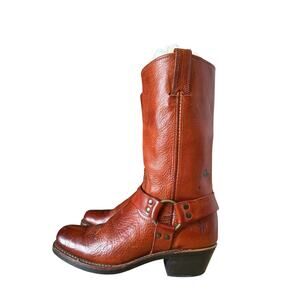 Frye Vintage Orange Red Leather Mid Calf Square Toe Harness Boots Size 9